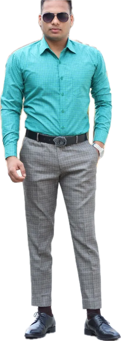 A teal shirt with grey check wool-blend trousers